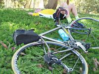 burtoliniLaCresta  Burt rests while Sean repairs flat on Wed, May 6, "Pete ride" - 50 miles and >6,000 ft climbing at this point. Look at the gears required for Sandia Creek wall, the infamous Los Gatos, and La Cresta loop.