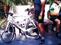 thursday.7.26 01  Larry shows us his nice new super light carbon Pinarello at Swami's Beach stop.